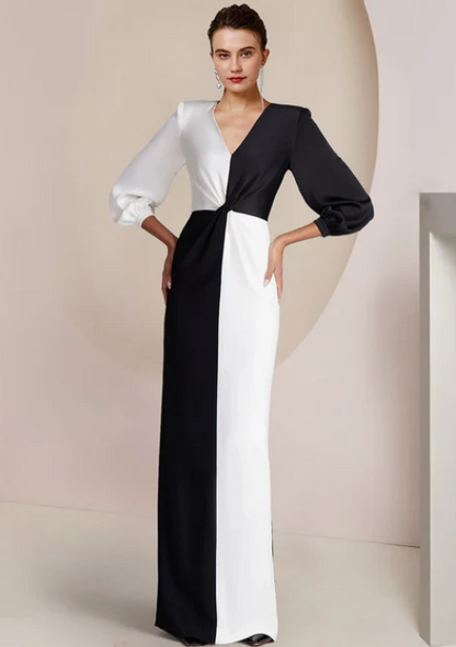 Vintage Sheath V-neck Satin Mother of Bride Dress Long Sleeve Evening Gown Floor Length Formal Dress HZ1024