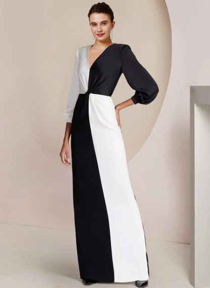 Vintage Sheath V-neck Satin Mother of Bride Dress Long Sleeve Evening Gown Floor Length Formal Dress HZ1024