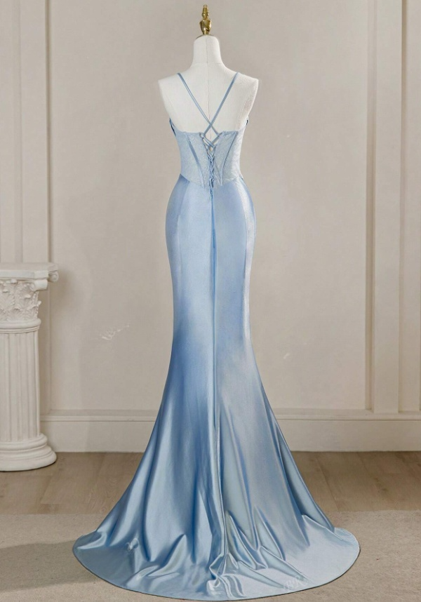 Vintage Sky Blue Applique Sequin Sheath Sweetheart Satin Evening Gown Spaghetti Strap Party Dress Slit Ruffled Long Formal Dress HZ1024