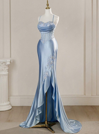 Vintage Sky Blue Applique Sequin Sheath Sweetheart Satin Evening Gown Spaghetti Strap Party Dress Slit Ruffled Long Formal Dress HZ1024