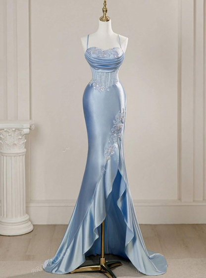 Vintage Sky Blue Applique Sequin Sheath Sweetheart Satin Evening Gown Spaghetti Strap Party Dress Slit Ruffled Long Formal Dress HZ1024
