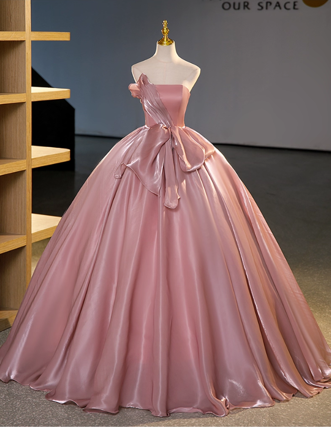 Elegant Pink Satin Strapless Sweet 16 Quinceanera A-Line Evening Dress Ball Gown HZ1024