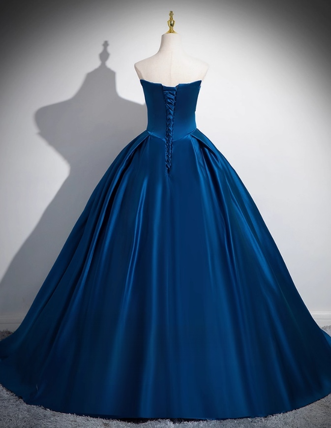Elegant Royal Blue Satin Sweet 16 Quinceanera A-Line Strapless Evening Dress Long Ball Gown HZ1024