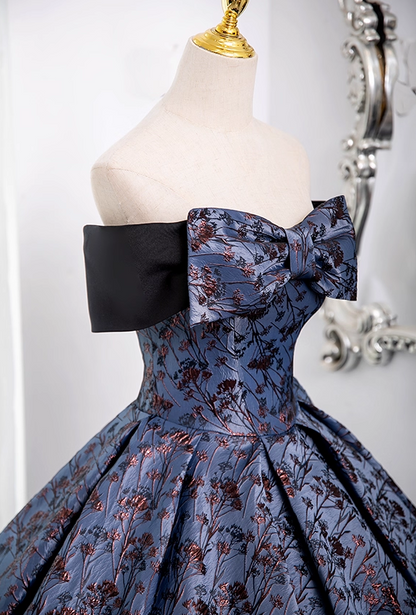 Vintage Floral Satin Sweet 16 Quinceanera Bow Off-the-shoulder Evening Dress Long Ball Gown HZ1024