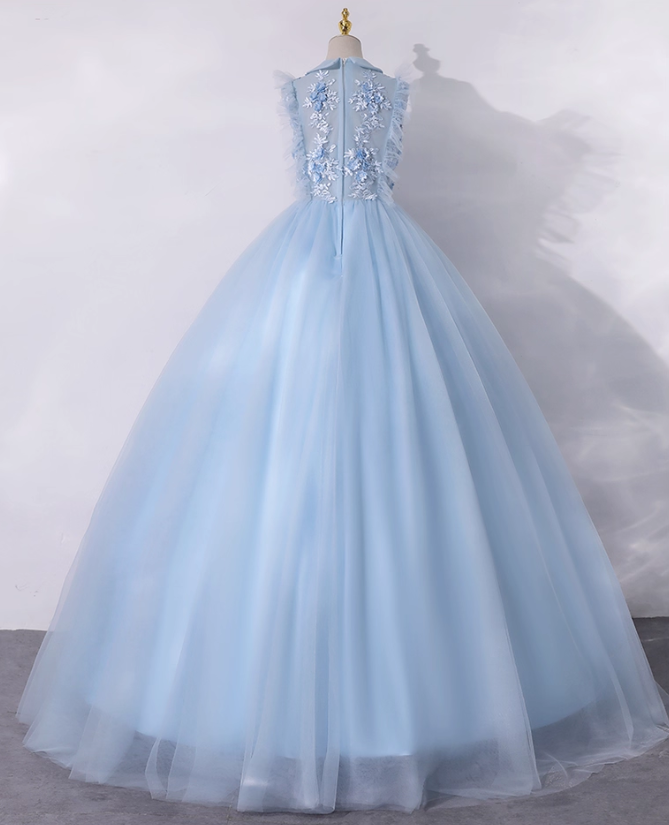 Vintage Sky Blue Applique Beaded A-Line Evening Gown Tulle Collar Party Dress Sleeveless Long Formal Dress HZ1024