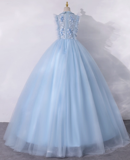 Vintage Sky Blue Applique Beaded A-Line Evening Gown Tulle Collar Party Dress Sleeveless Long Formal Dress HZ1024