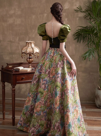 Vintage Court Retro Style A-Line Evening Gown Sweetheart Puffy Sleeve Party Dress Long Formal Dress HZ1024