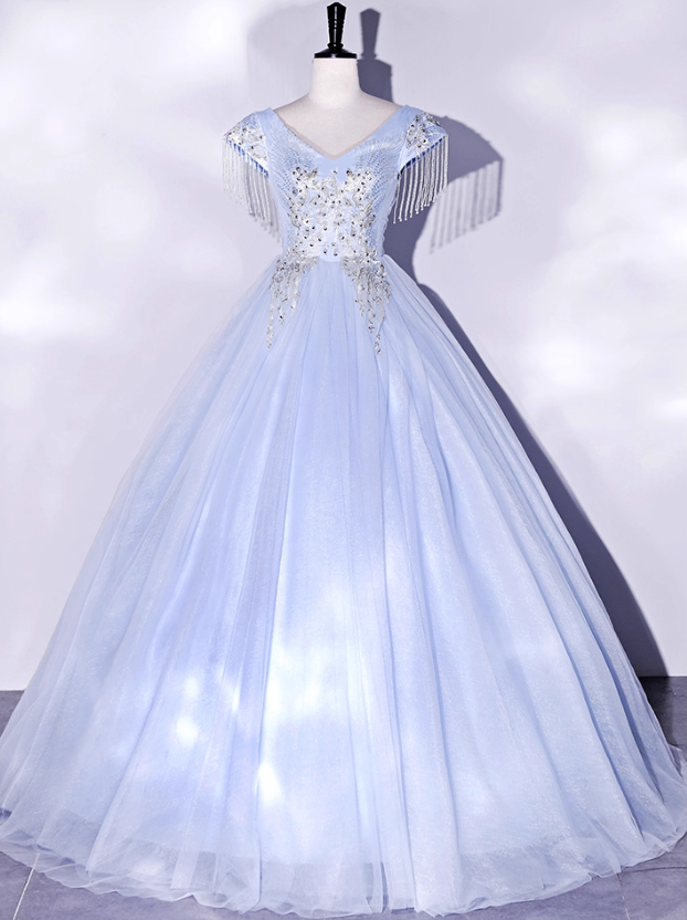 Vintage Sky Blue Tulle Beaded A-Line Evening Gown V-neck Cap Sleeves Party Dress Long Formal Dress HZ1024