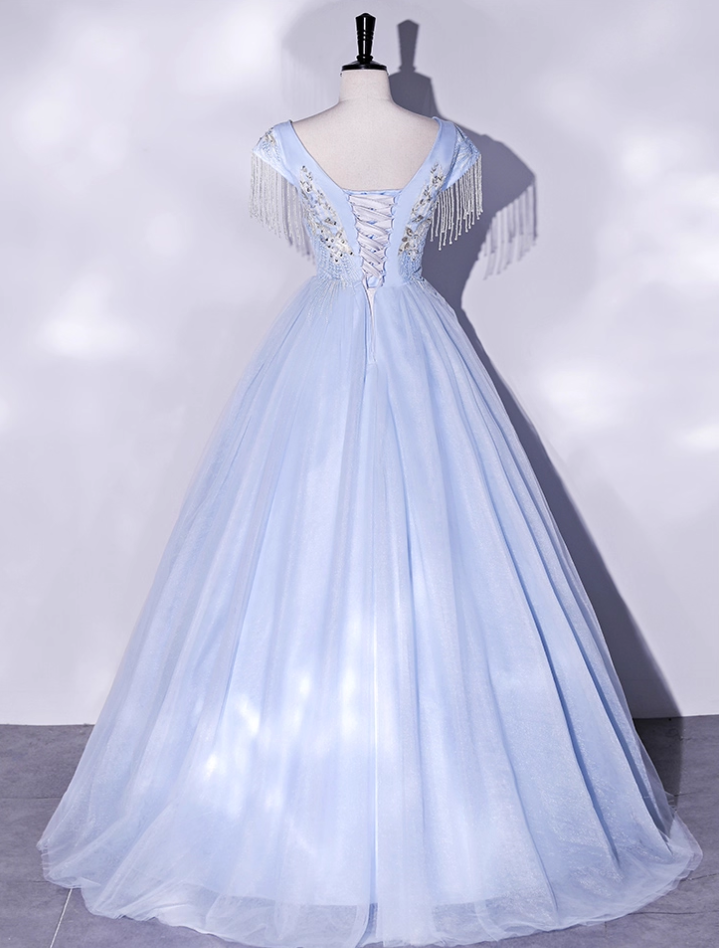 Vintage Sky Blue Tulle Beaded A-Line Evening Gown V-neck Cap Sleeves Party Dress Long Formal Dress HZ1024