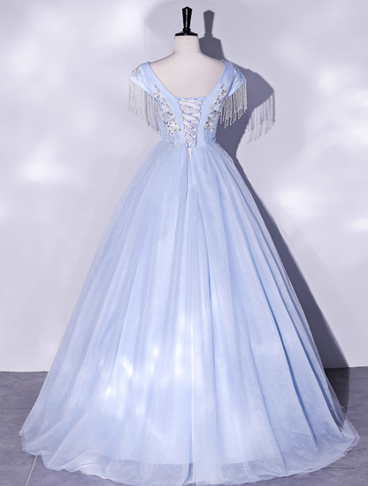 Vintage Sky Blue Tulle Beaded A-Line Evening Gown V-neck Cap Sleeves Party Dress Long Formal Dress HZ1024