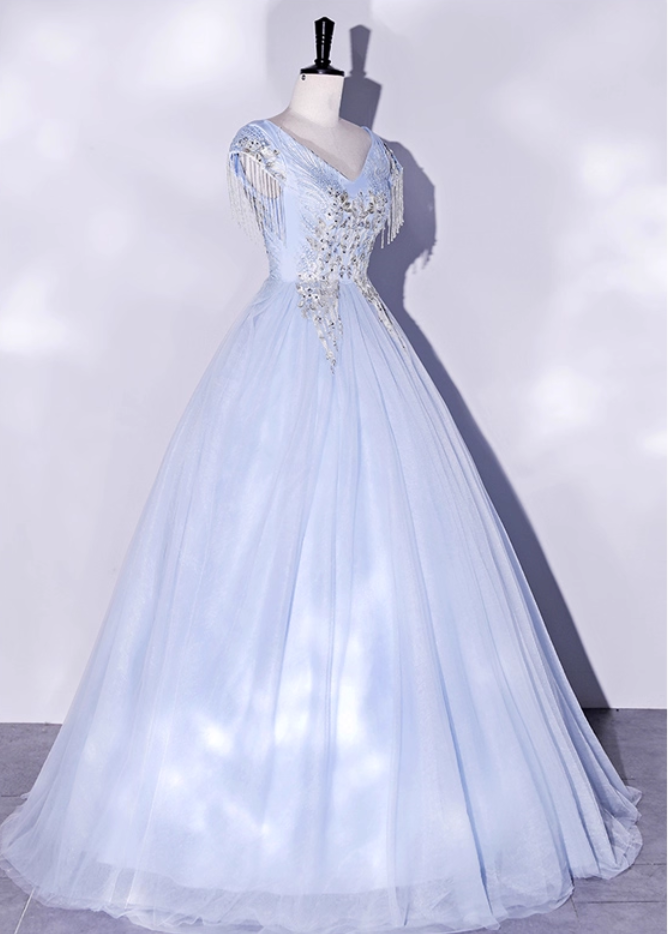 Vintage Sky Blue Tulle Beaded A-Line Evening Gown V-neck Cap Sleeves Party Dress Long Formal Dress HZ1024