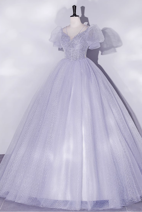 Vintage Hazy Blue Tulle Beaded A-Line Evening Gown Short-sleeved Party Dress Long Formal Dress HZ1024