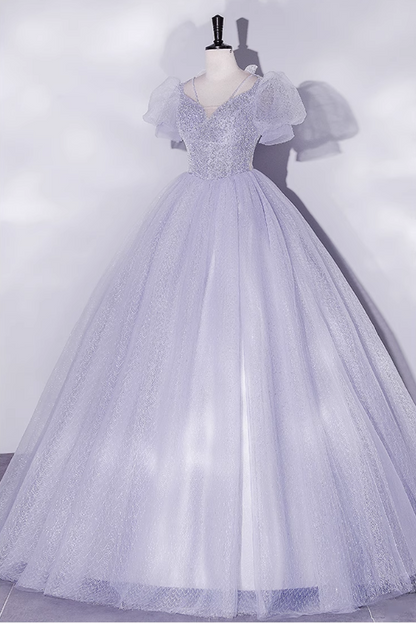 Vintage Hazy Blue Tulle Beaded A-Line Evening Gown Short-sleeved Party Dress Long Formal Dress HZ1024