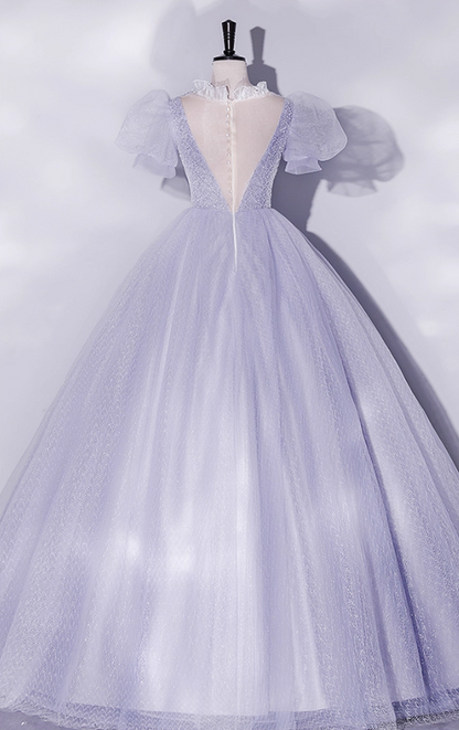 Vintage Hazy Blue Tulle Beaded A-Line Evening Gown Short-sleeved Party Dress Long Formal Dress HZ1024
