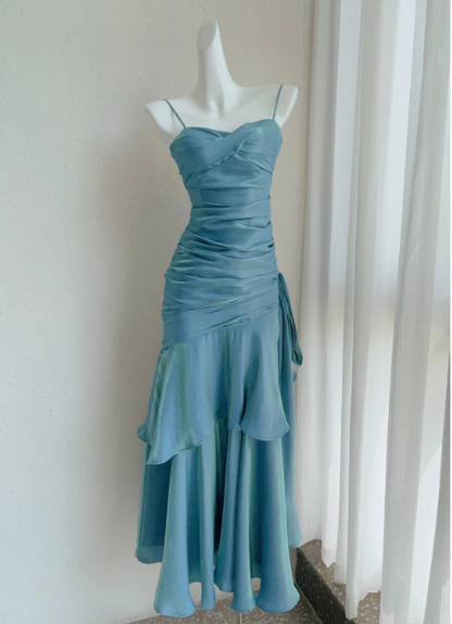 Vintage Sweetheart Sheath Spaghetti Strap Evening Dress Ruffled Long Prom Dress HZ1024