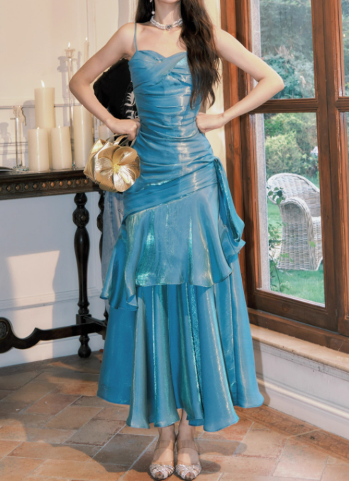 Vintage Sweetheart Sheath Spaghetti Strap Evening Dress Ruffled Long Prom Dress HZ1024