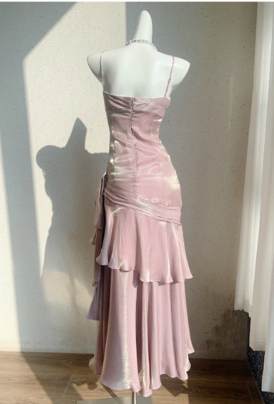 Vintage Sweetheart Sheath Spaghetti Strap Evening Dress Ruffled Long Prom Dress HZ1024