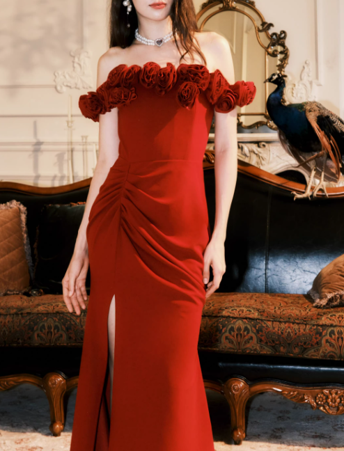 Vintage Red 3D Flowers Sheath Off-the-shoulder Evening Dress Slit Long Prom Dress HZ1024