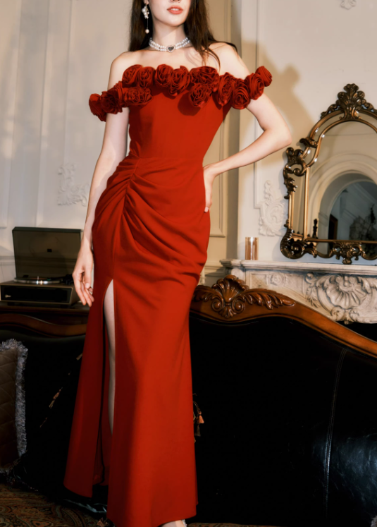 Vintage Red 3D Flowers Sheath Off-the-shoulder Evening Dress Slit Long Prom Dress HZ1024