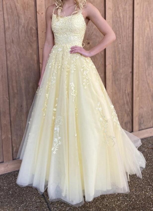 Sweet Yellow A-line Tube Top Embroidered Tulle Long Prom Dress Evening Dress cc4766
