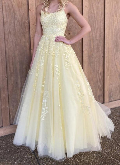 Sweet Yellow A-line Tube Top Embroidered Tulle Long Prom Dress Evening Dress cc4766