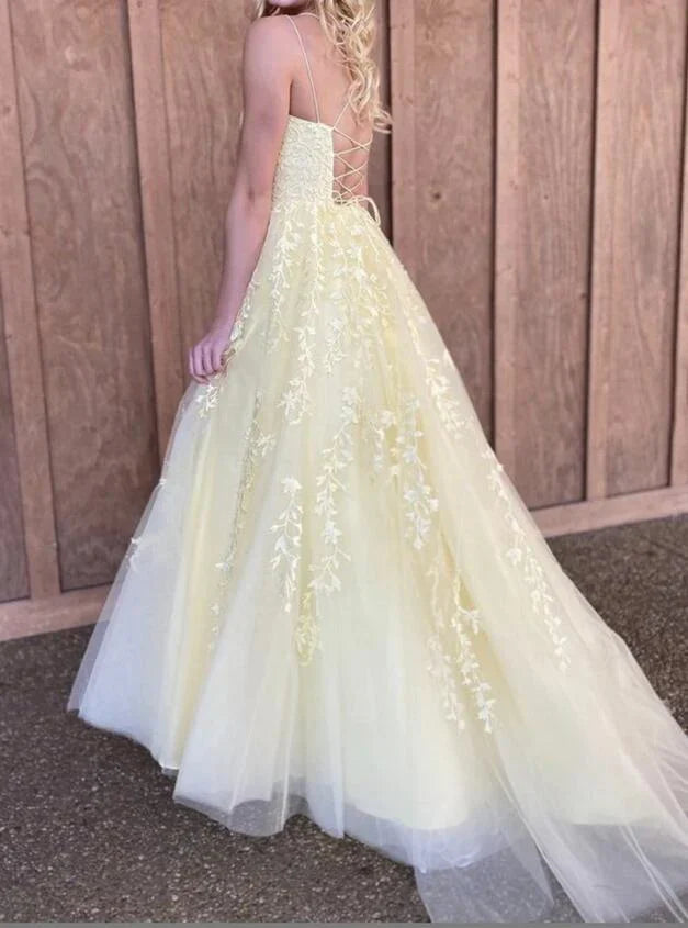 Sweet Yellow A-line Tube Top Embroidered Tulle Long Prom Dress Evening Dress cc4766