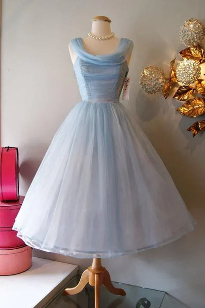 Retro Light Blue Tulle Design A-line Chiffon Party Dress Homecoming Dress Prom Dress Bridesmaid Dress HZ1024