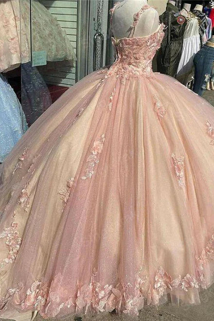 Retro Pink Sweetheart Appliqued 3D Flower A-Line Tulle 18 Birthday Quinceanera Dresses Evening Ball Gowns HZ0319