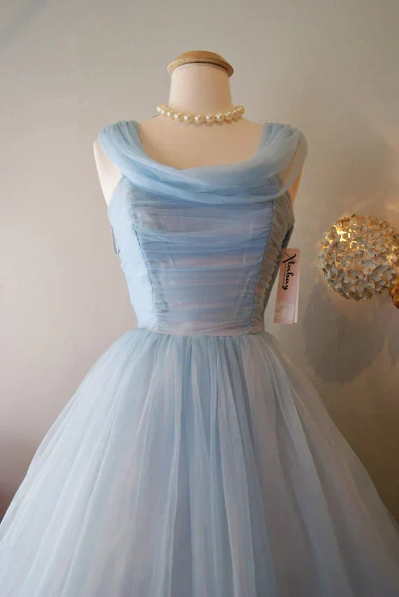 Retro Light Blue Tulle Design A-line Chiffon Party Dress Homecoming Dress Prom Dress Bridesmaid Dress HZ1024
