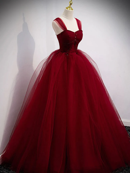 Gorgeous Wine Red Tulle Ball Gown Long Prom Dress Formal Dress, Burgundy Sweet 16 Dresses  gh14