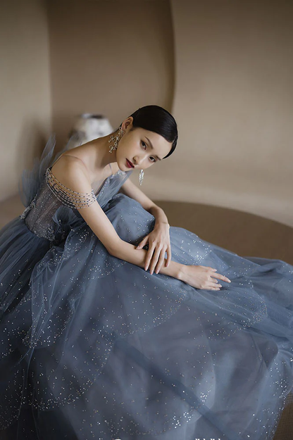Blue gorgeous sparkling exquisite beaded long tulle ball gown evening dress with rhinestones multi-layered dress gh1001