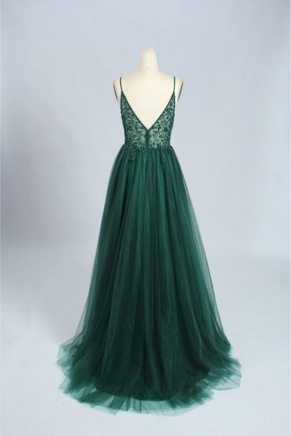 Emerald green beautiful V neck exquisite beading spaghetti straps long tulle handmade custom ball gown evening dress party dress gh2341