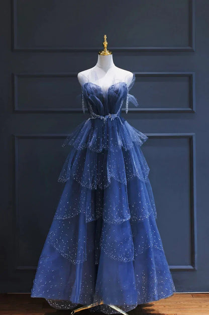 Vintage Blue Beaded Design Elegant A-Line Chiffon Tulle Evening Dress Prom Dress HZ1024