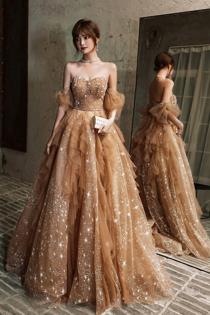 Yellow gorgeous shiny fashion A-line long tulle elegant ball gown evening dress gh2152