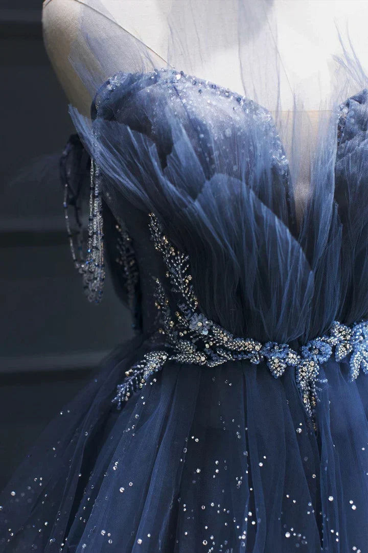 Vintage Blue Beaded Design Elegant A-Line Chiffon Tulle Evening Dress Prom Dress HZ1024