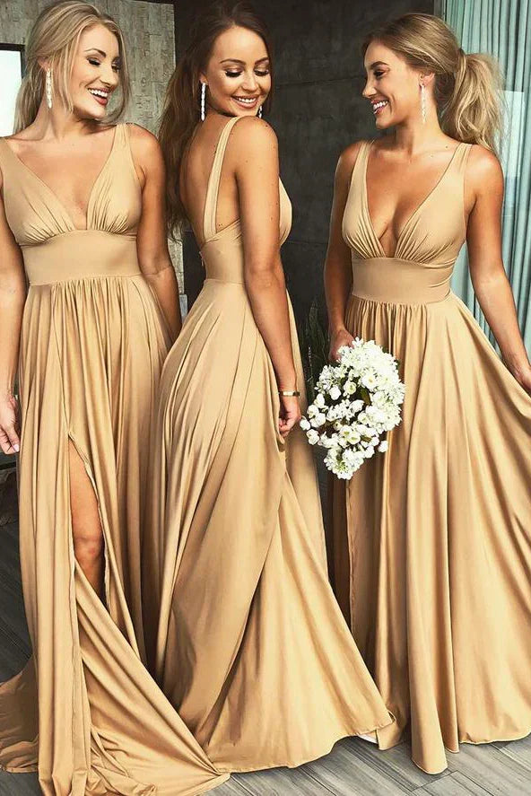 Elegant V-neck A-Line Satin High Slit Party Dress Evening Gown Bridesmaid Dress HZ1024