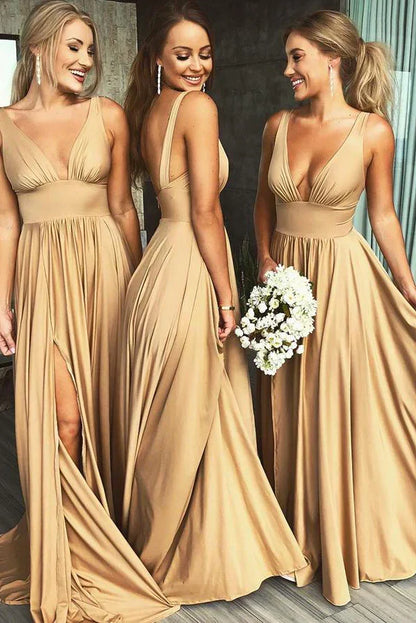 Elegant V-neck A-Line Satin High Slit Party Dress Evening Gown Bridesmaid Dress HZ1024