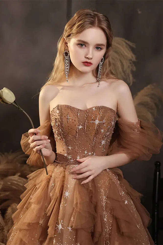 Champagne shiny elegant layered long tulle ball gown evening dress gh2226
