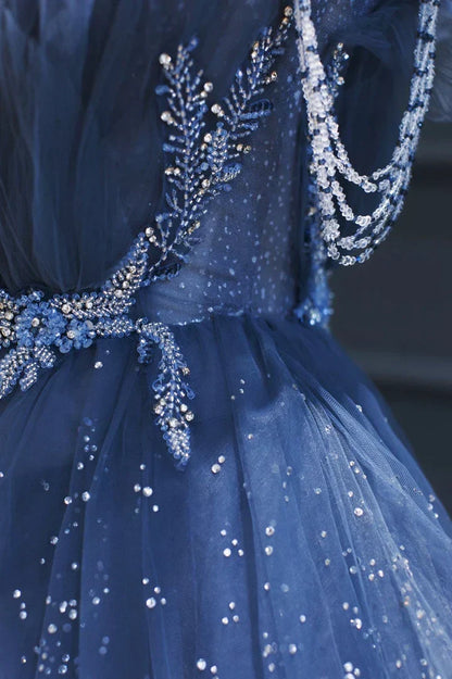 Vintage Blue Beaded Design Elegant A-Line Chiffon Tulle Evening Dress Prom Dress HZ1024
