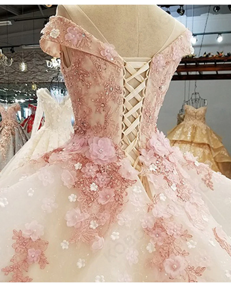 Ingvn Pink Princess Quinceanera Dress Appliques Beads 3D Flowers Prom Party Sweet 16 Ball Gown  gh2074