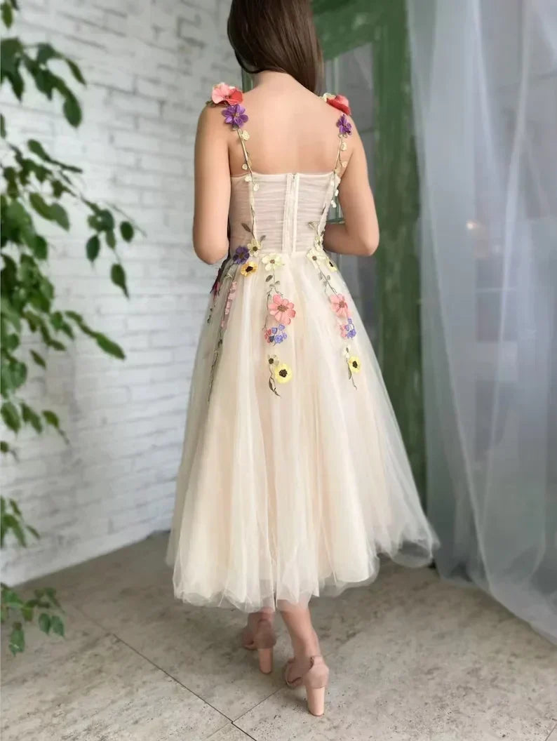 Vintage Floral Applique Prom Dress Long A-Line Evening Dress Chiffon Formal Dress HZ1024
