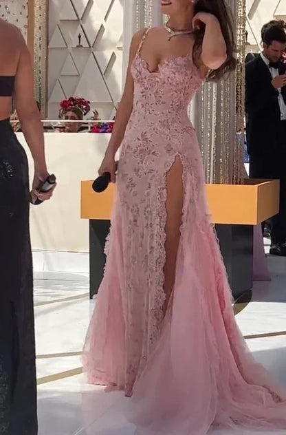 Vintage Pink Lace Sweetheart Prom Dress Long Evening Dress A-Line High Slit Formal Dress HZ1024