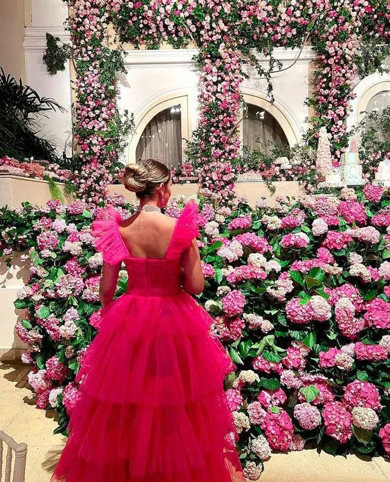 Vintage Hot Pink A-Line Prom Dress Long Sweetheart Evening Dress Chiffon Tiered Formal Dress HZ1024