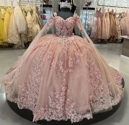 Beautiful Pink Sweetheart Applique Sweet 16 Quinceanera A-Line Tulle Floor-length Prom Dress Birthday Dress Evening Dress Ball Gown HZ1024