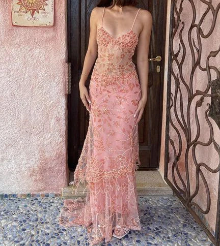 Vintage Pink Lace Sheath Prom Dress Long Evening Dress Spaghetti Strap Formal Dress HZ1024