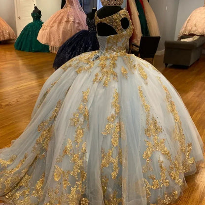 Gorgeous Sequin Applique V-neck Sweet 16 Quinceanera A-Line Prom Dress Birthday Dress Evening Dress Ball Gown HZ1024