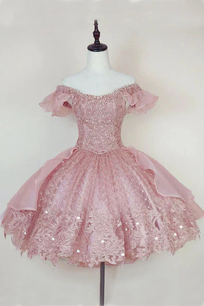 Vintage Shiny Pink Beaded Homecoming Dress Off-the-shoulder Party Dress Short A-Line Cocktail Dress HZ1024