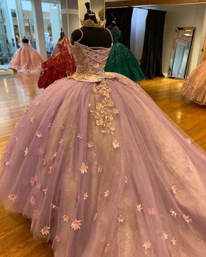 Elegant Applique Beaded Spaghetti Strap Sweet 16 Quinceanera A-Line Tulle Floor-length Prom Dress Birthday Dress Evening Dress Ball Gown HZ1024
