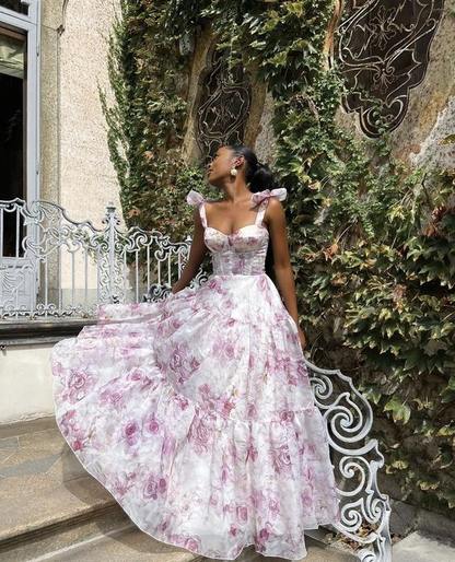 Pink/Blue Sweet A Line Floral Chiffon Long Elegant Floor Length Ball Gown Evening Gown Wedding Party Gown Prom Gown Graduation Gown gh2794