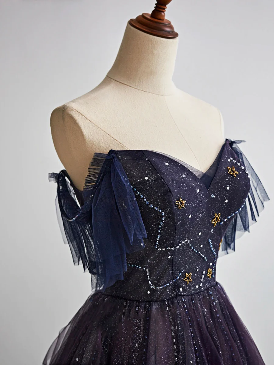 Dark starry sky purple tulle long prom dress purple evening dress HZ1024